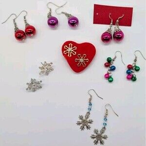 7 Pairs Christmas Holiday Earrings Lot - Ornaments Sparkly Snow Flakes - Pierced